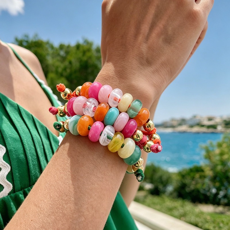 Woven Rainbow Ombre Resin Flat Bead Adjustable Wrist Strap